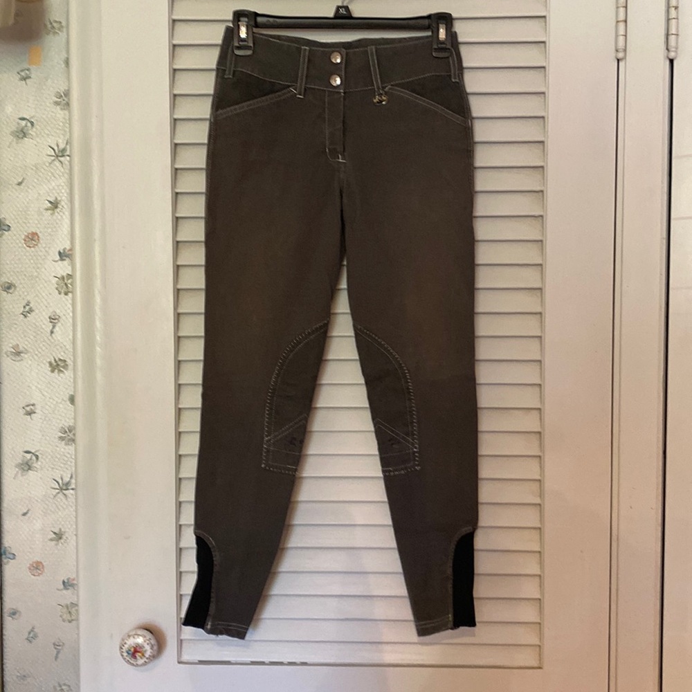 Olive green Equine Couture full seat riding breeches with suede knee patches